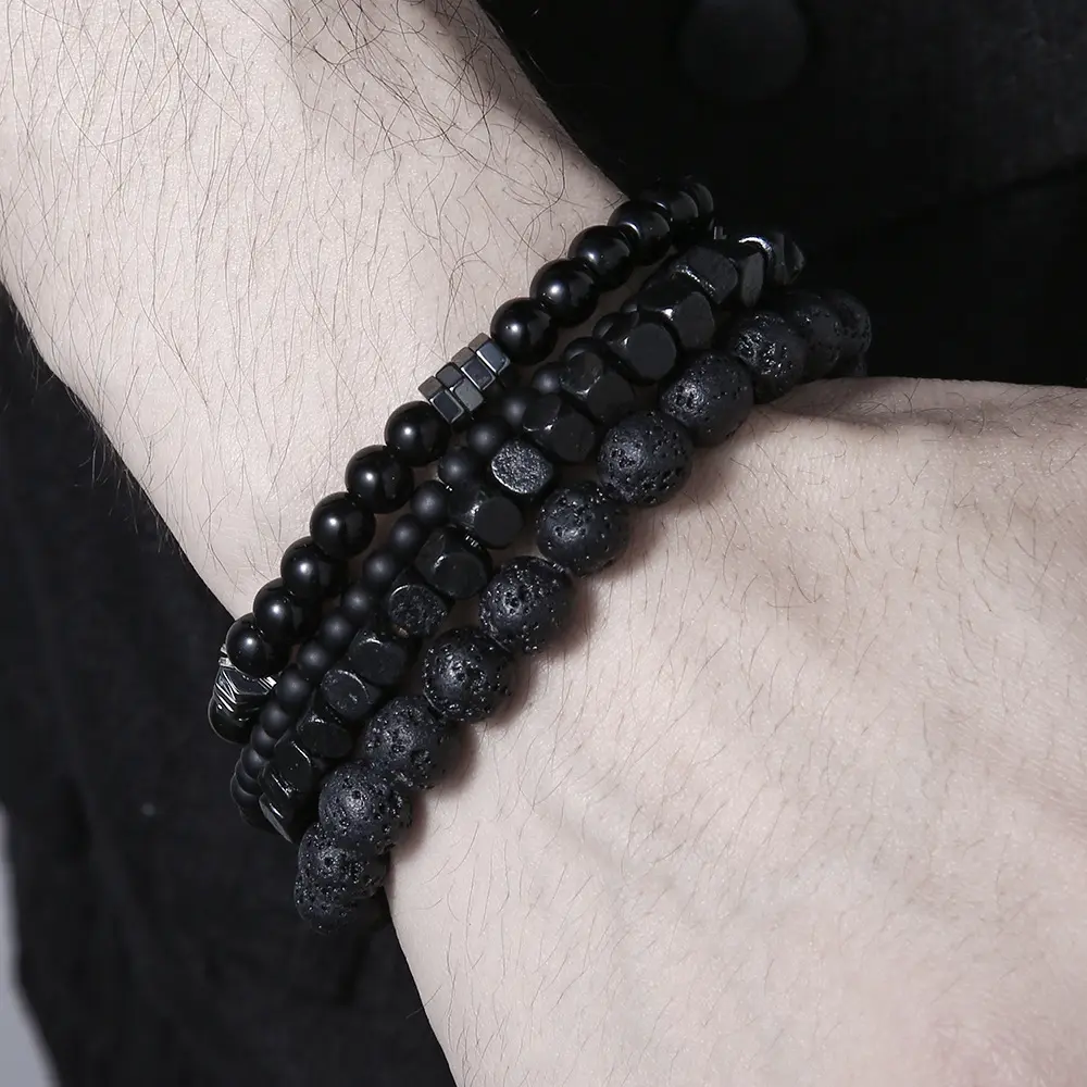 Fashionable black stone volcanic stone wooden bead multi-layer men's combination elastic bracelet couple friend jewelry
