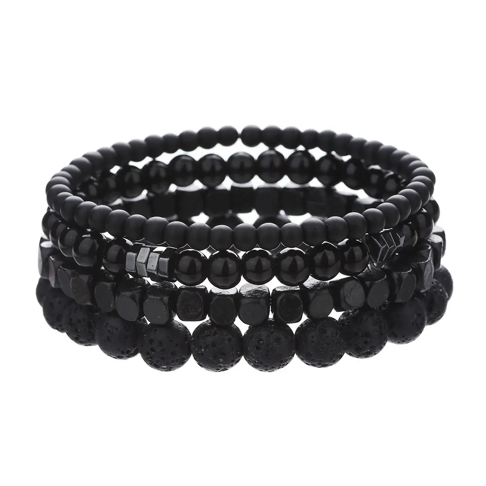 Fashionable black stone volcanic stone wooden bead multi-layer men's combination elastic bracelet couple friend jewelry