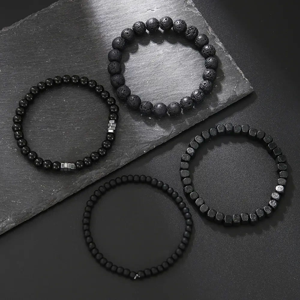 Fashionable black stone volcanic stone wooden bead multi-layer men's combination elastic bracelet couple friend jewelry