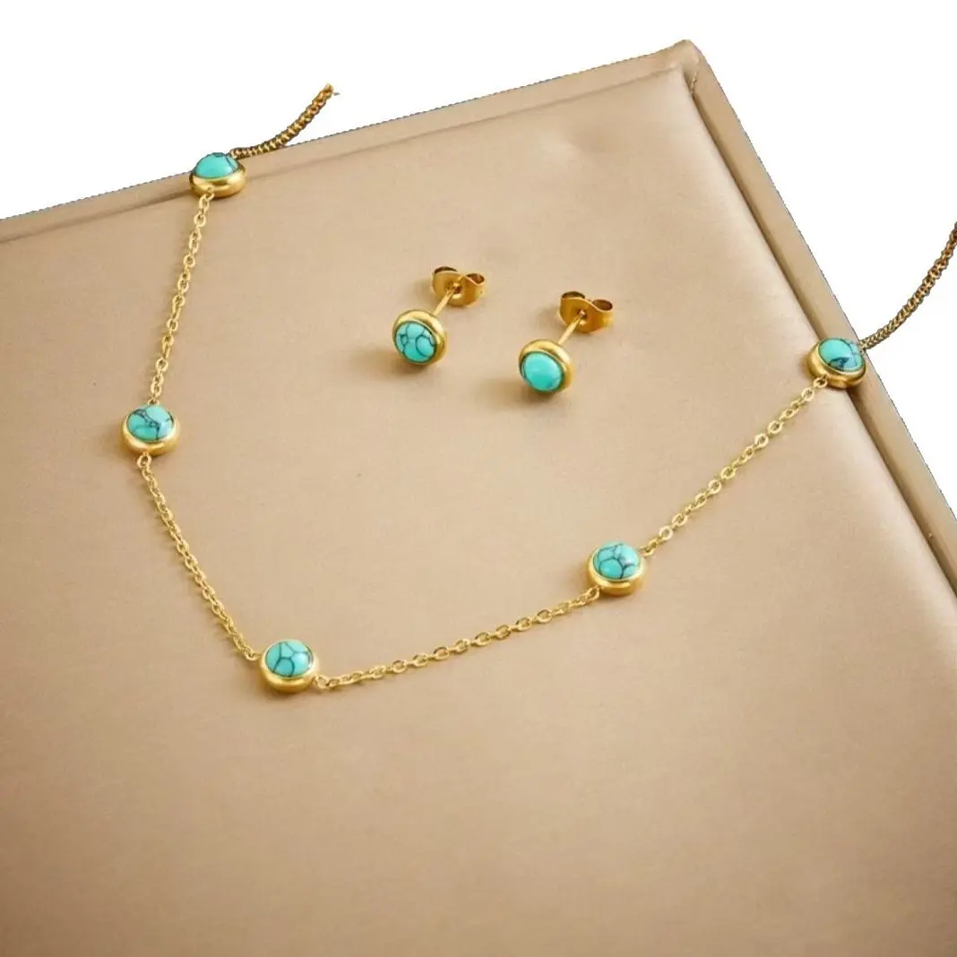 3PC Women's Fashion Small Fresh Versatile Blue Turquoise Necklace Earrings Jewelry Set Suitable for Party and Festival Gifts