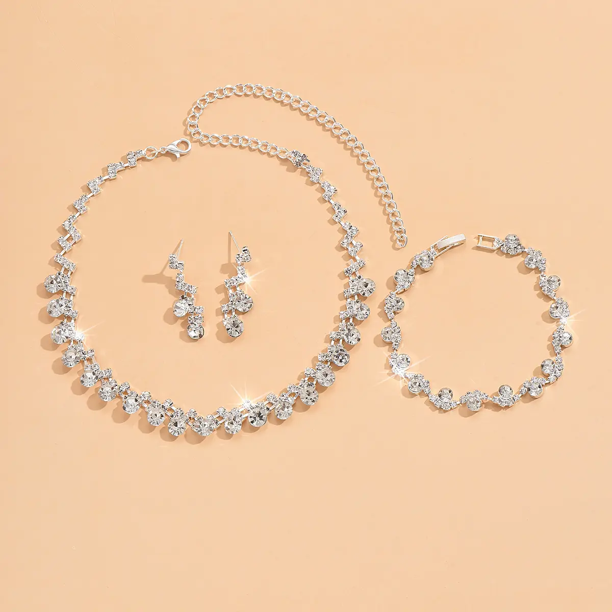 4/3PC women's fashionable rhinestone geometric circular necklace, earrings, bracelet jewelry set, simple and high-end jewelry se