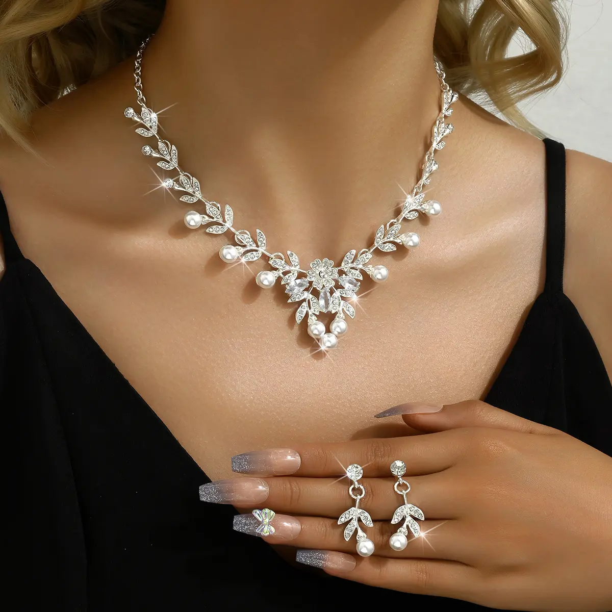 3PC Women's Fashion Rhinestone Imitation Pearl Flower Necklace Earring Set Suitable for Wedding, Party, Festival Gift -6822