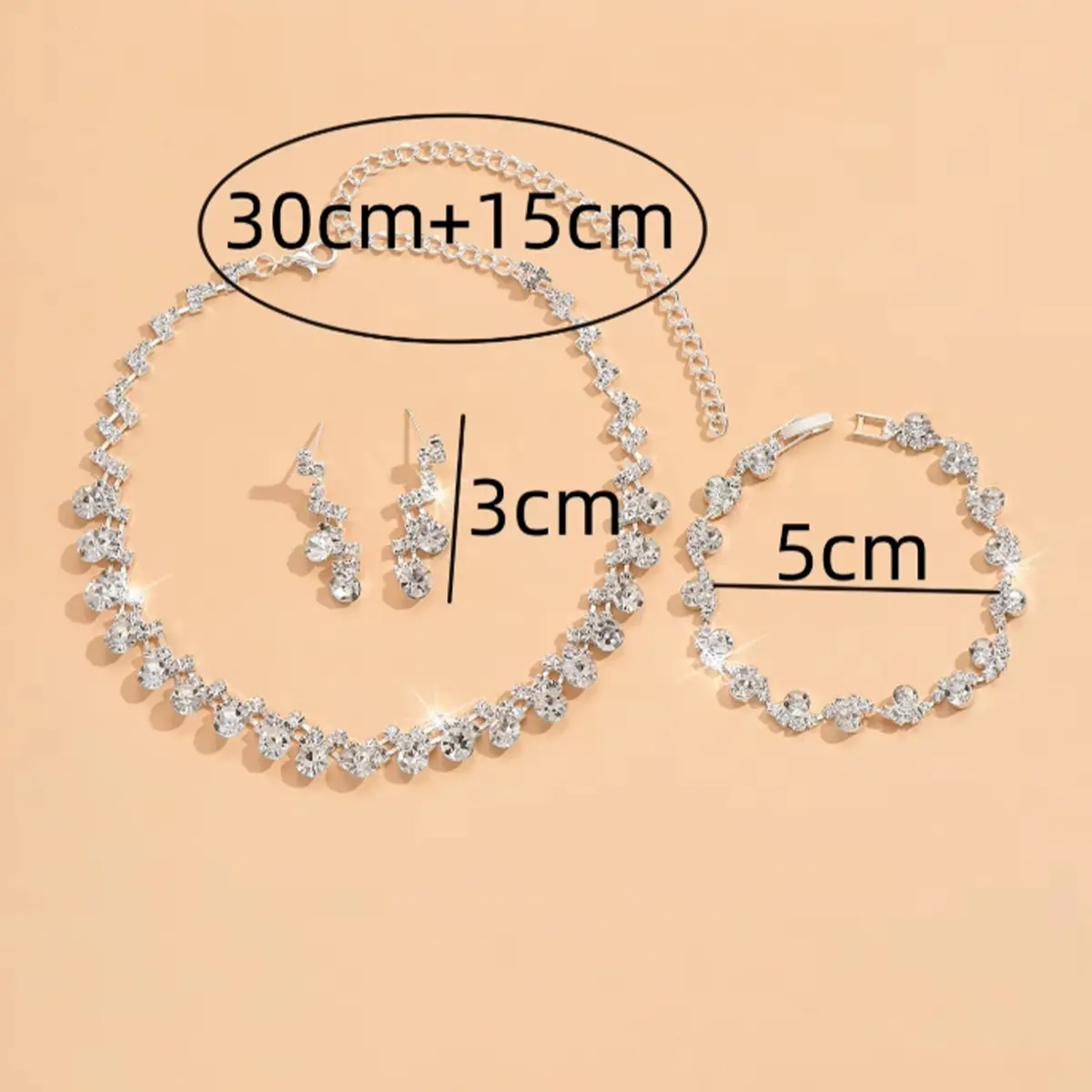 4/3PC women's fashionable rhinestone geometric circular necklace, earrings, bracelet jewelry set, simple and high-end jewelry se