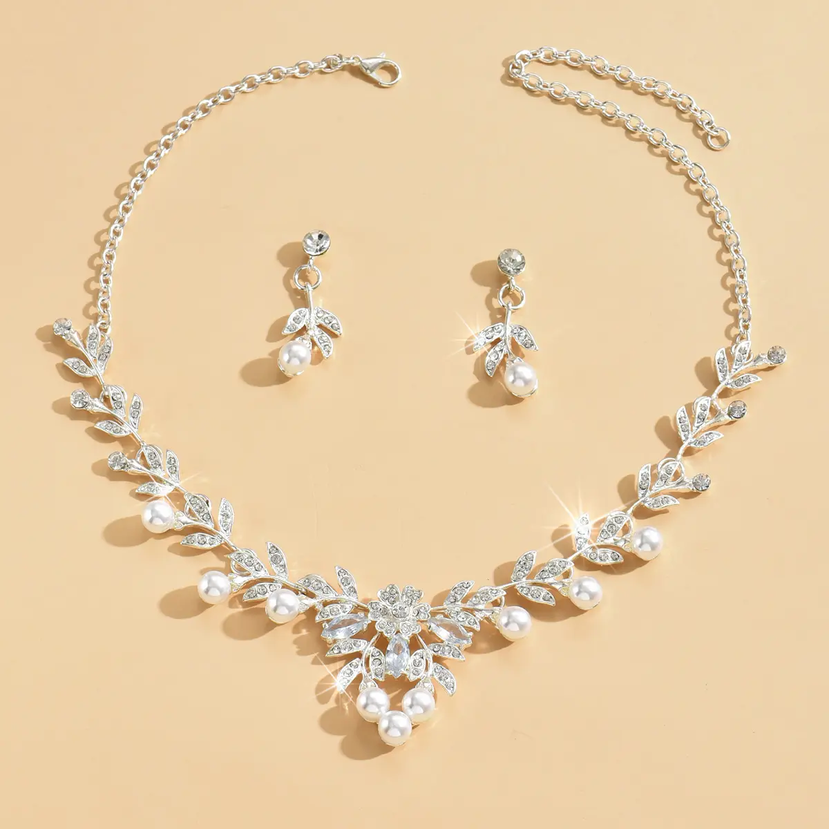 3PC Women's Fashion Rhinestone Imitation Pearl Flower Necklace Earring Set Suitable for Wedding, Party, Festival Gift -6822