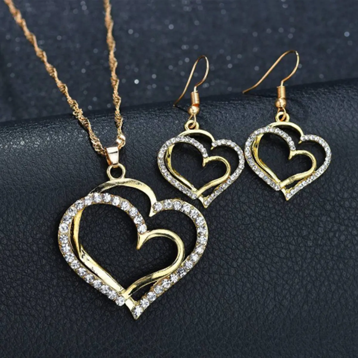 Ladies' fashion design sense peach heart inlaid with rhinestones necklace earrings jewelry set wedding party holiday gift