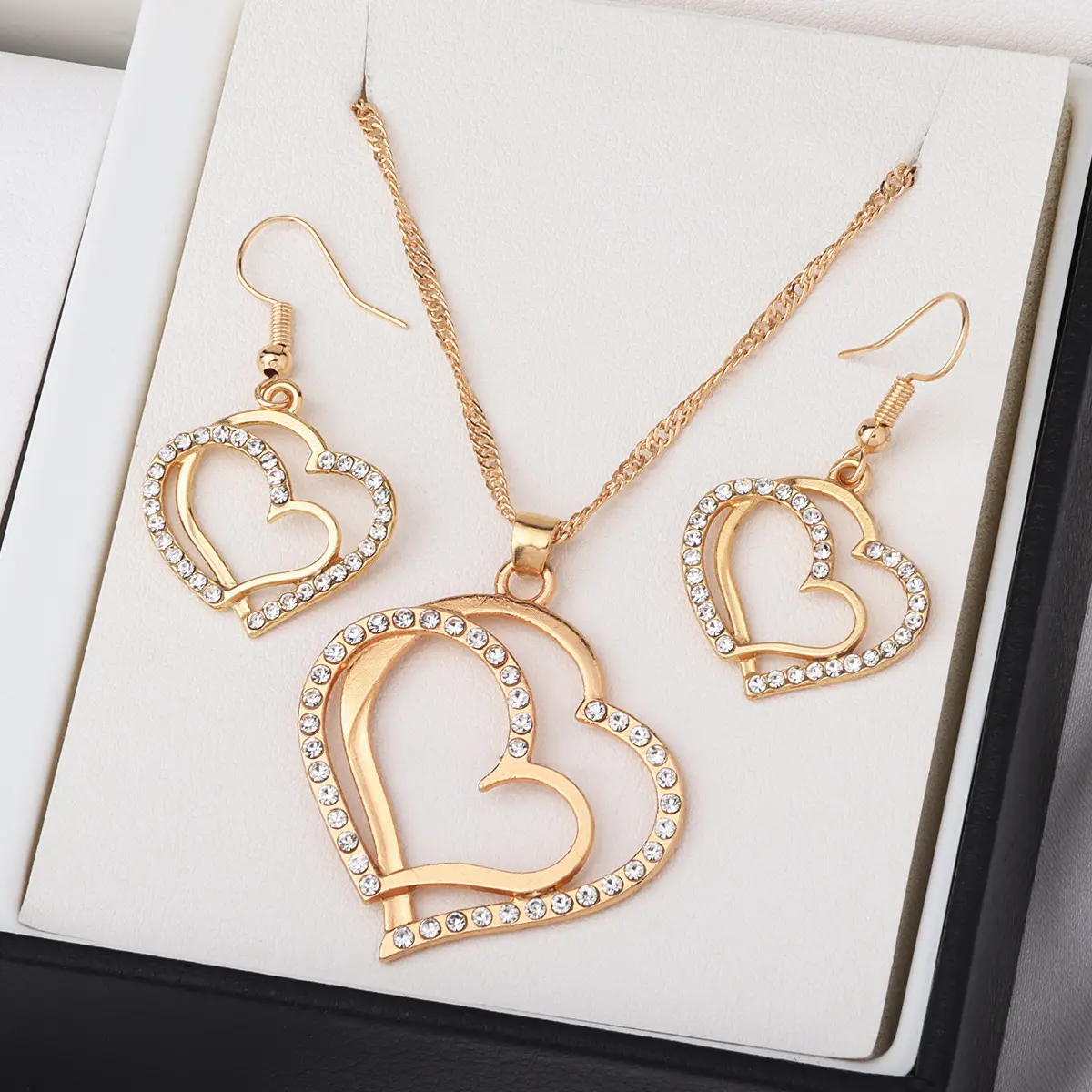 Ladies' fashion design sense peach heart inlaid with rhinestones necklace earrings jewelry set wedding party holiday gift