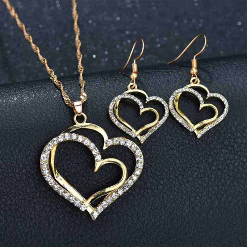 Ladies' fashion design sense peach heart inlaid with rhinestones necklace earrings jewelry set wedding party holiday gift