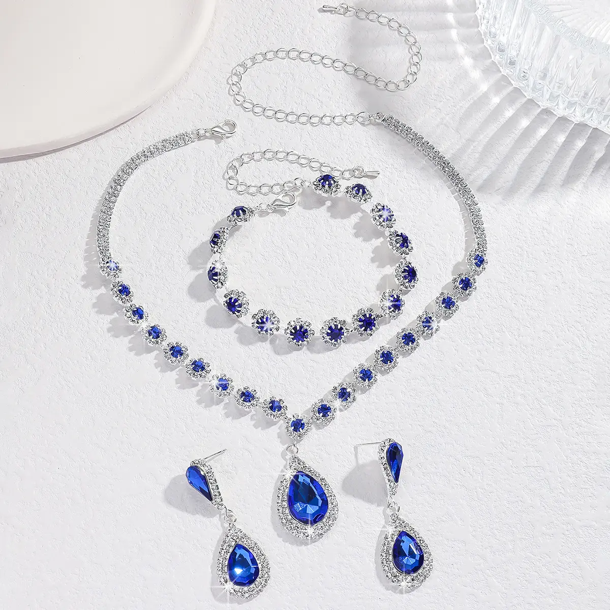 4PC Women's Fashion Waterdrop Flower Necklace Earrings Bracelet Jewelry Set Wedding Party Festival Gift-8065