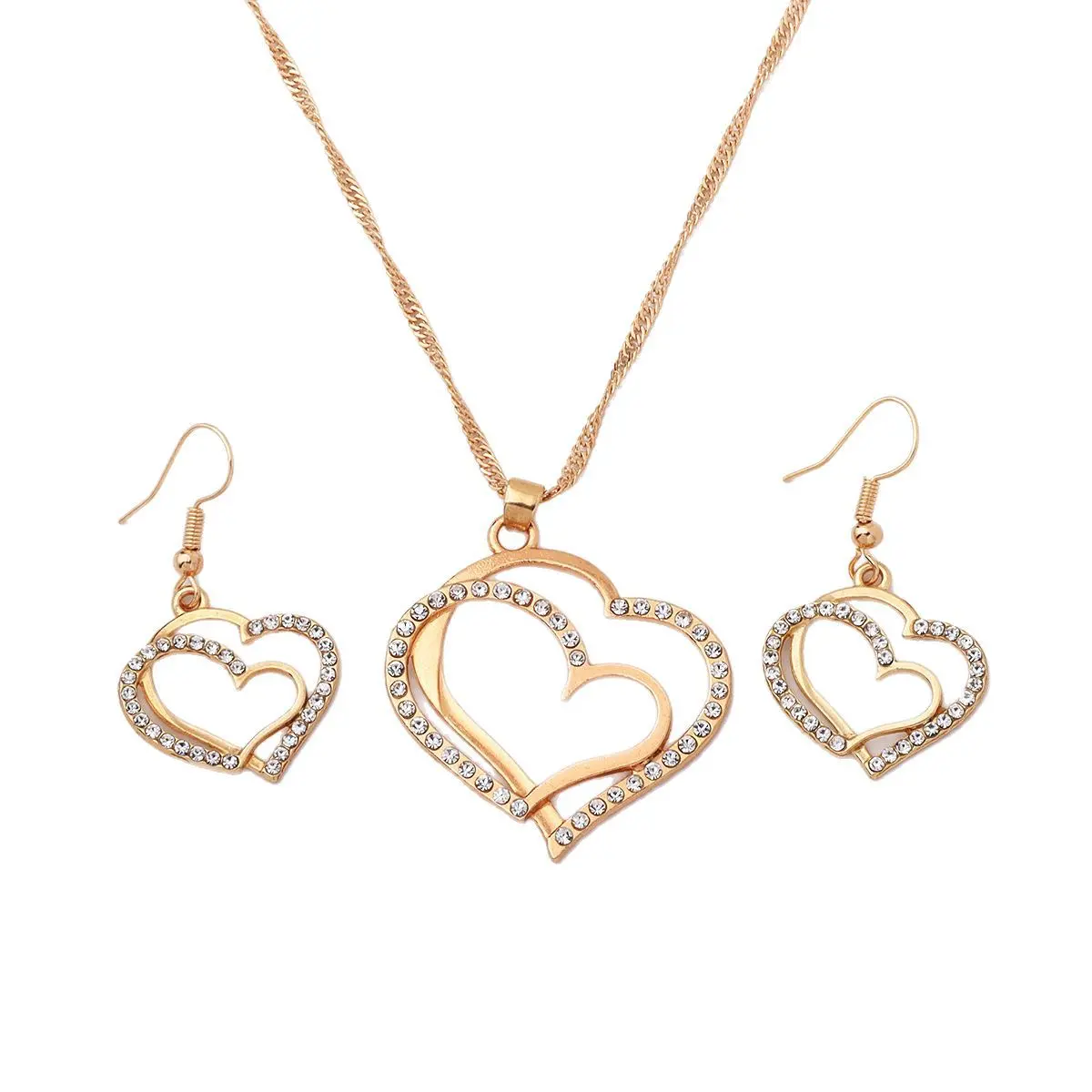 Ladies' fashion design sense peach heart inlaid with rhinestones necklace earrings jewelry set wedding party holiday gift