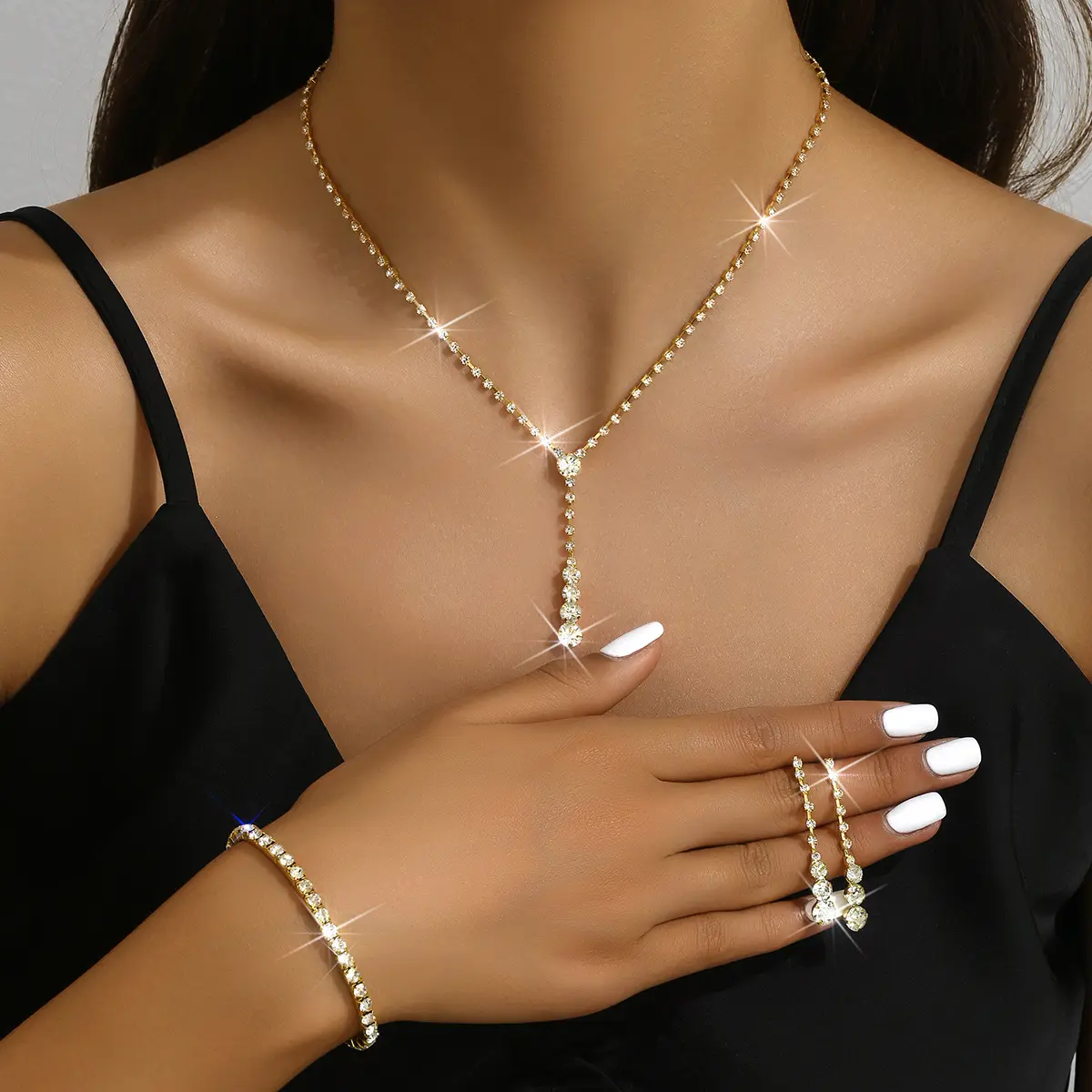 4PC Women's Fashion Copper Claw Chain Minimalist Necklace Earrings Bracelet Jewelry Set Party Festival Gift