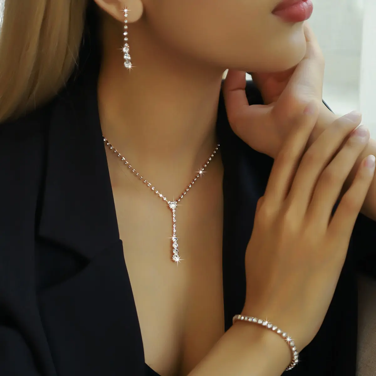 4PC Women's Fashion Copper Claw Chain Minimalist Necklace Earrings Bracelet Jewelry Set Party Festival Gift