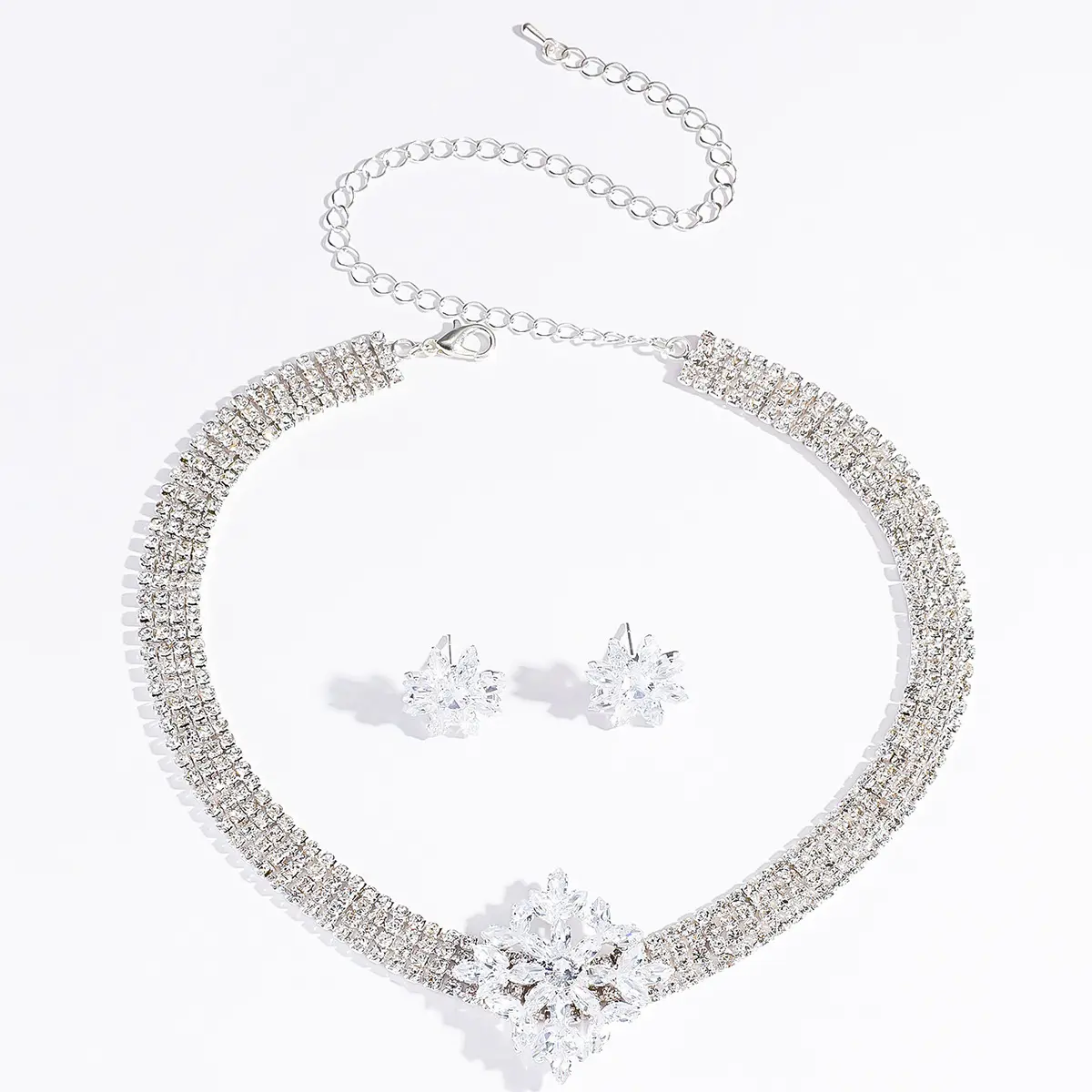 3PC Women's Fashion Water Diamond Design Flower Necklace Earring Set, Suitable for Wedding, Party, and Festival Gifts
