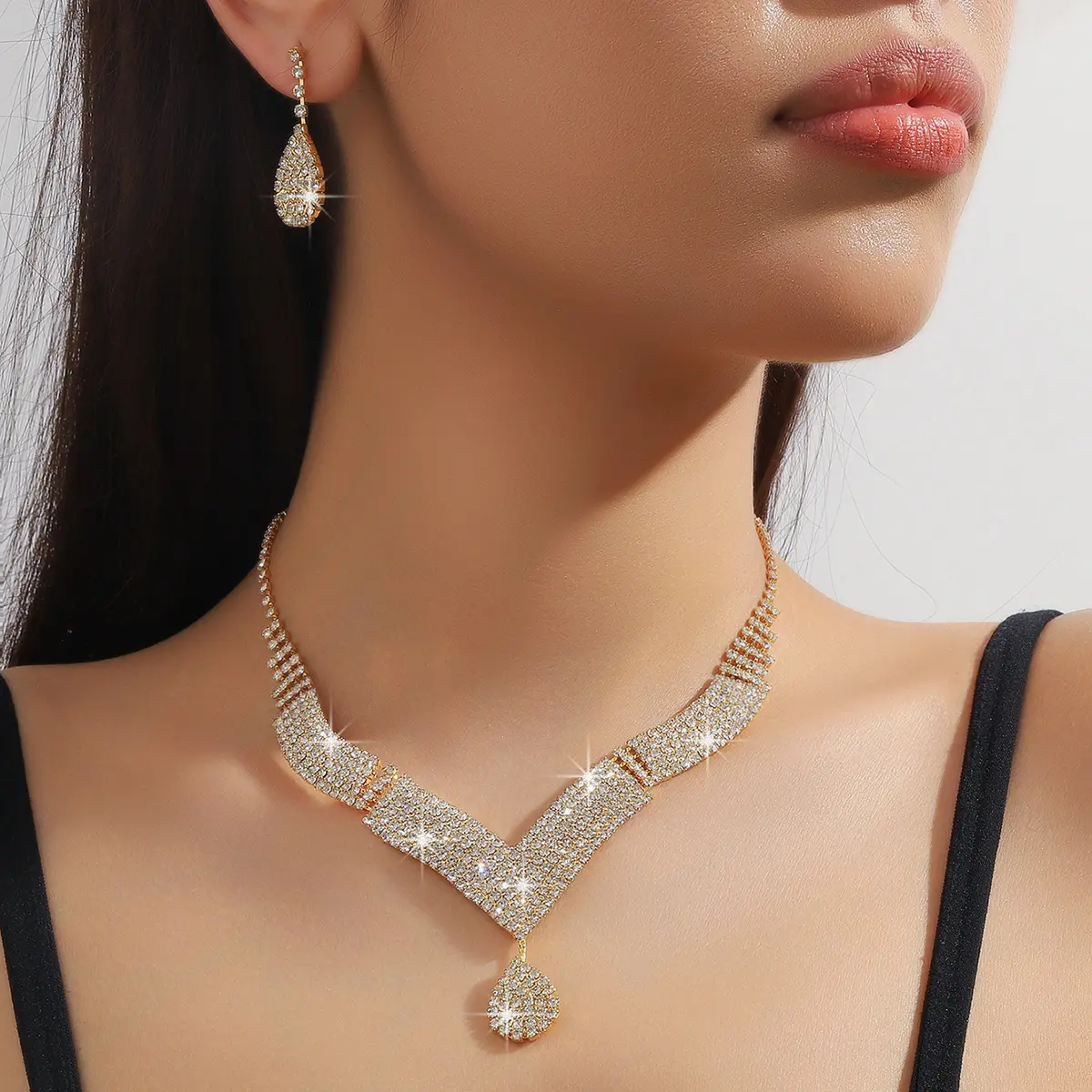 3PC Women's Trendy Claw Chain Series Large Water Drop Earrings Necklace Jewelry Set Wedding Banquet Party Holiday Gift