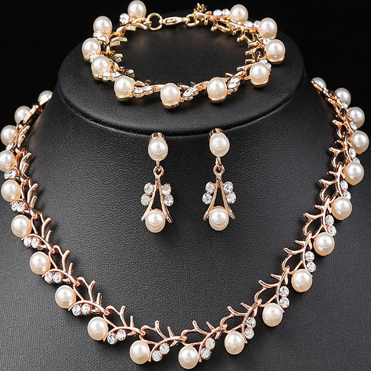 4PC Women's Fashion Imitation Pearl Necklace Earrings Bracelet Jewelry Set Suitable for Wedding, Party, Festival Gifts-9248