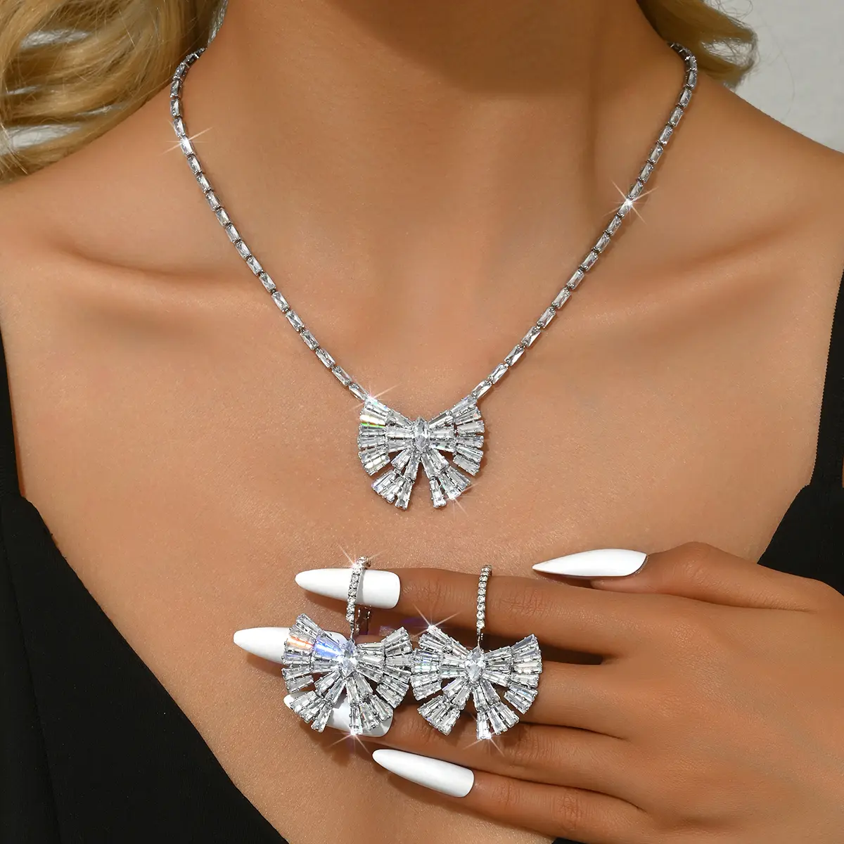 3PC Women's Fashion Zircon Bow Necklace Earrings Jewelry Set Suitable for Wedding, Party, Festival Gifts-8551