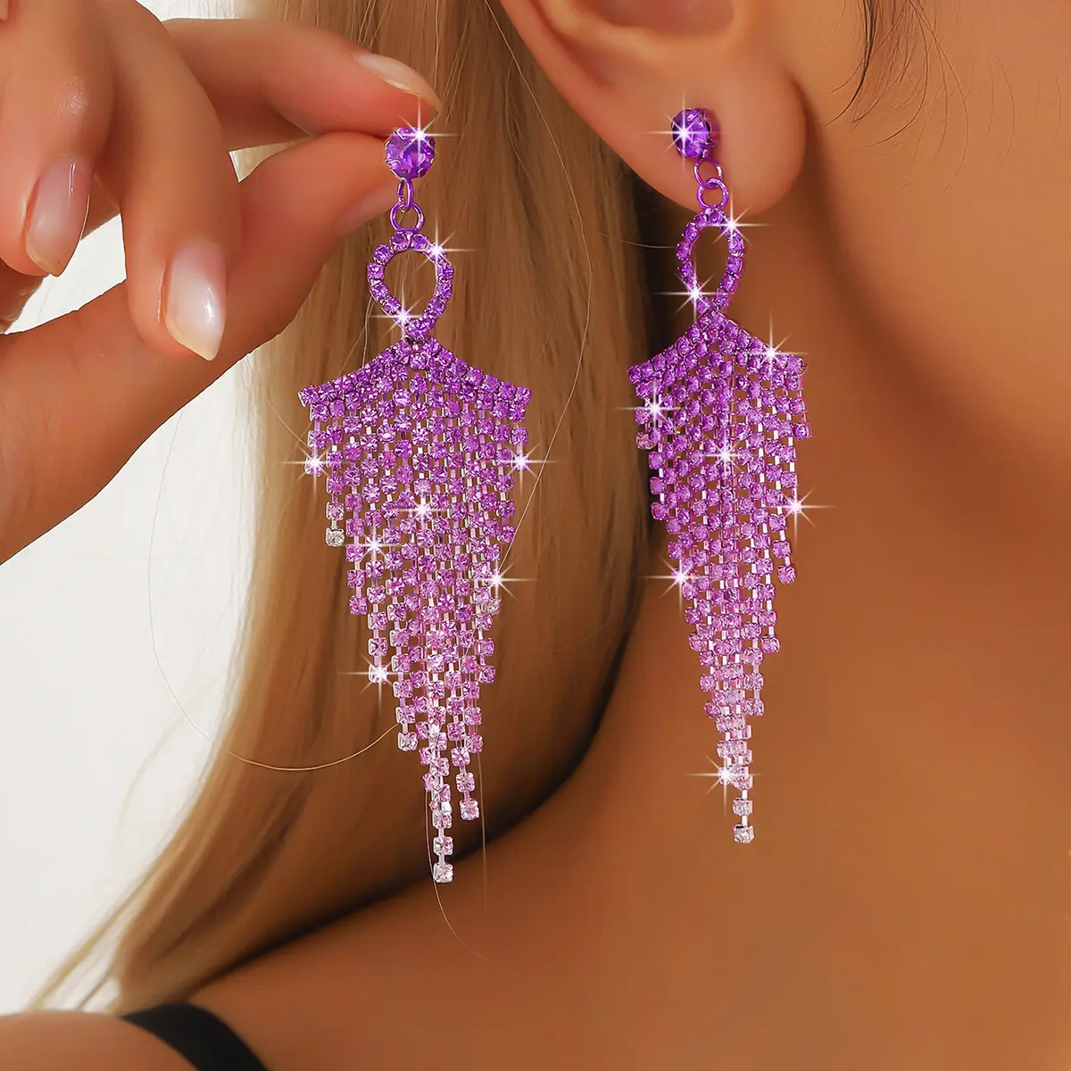 2PC Women's Fashion Claw Chain Colorful rhinestone tassel Earrings Tourism Carnival Banquet Party Festival Dress up Gift