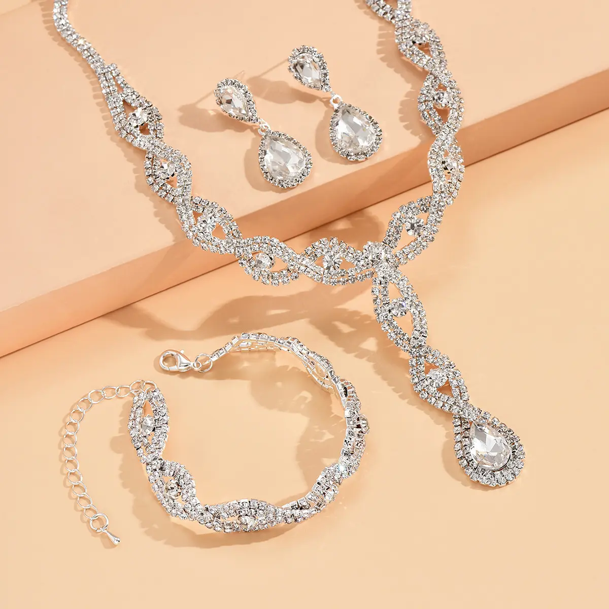 4 pieces of women's fashionable and trendy water drop earrings with necklaces, bracelets, jewelry sets, banquet accessories