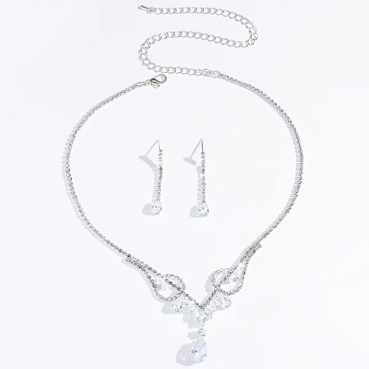 3PC women's fashionable necklace and earring set with rhinestone and water droplet design, suitable for weddings, parties, and h