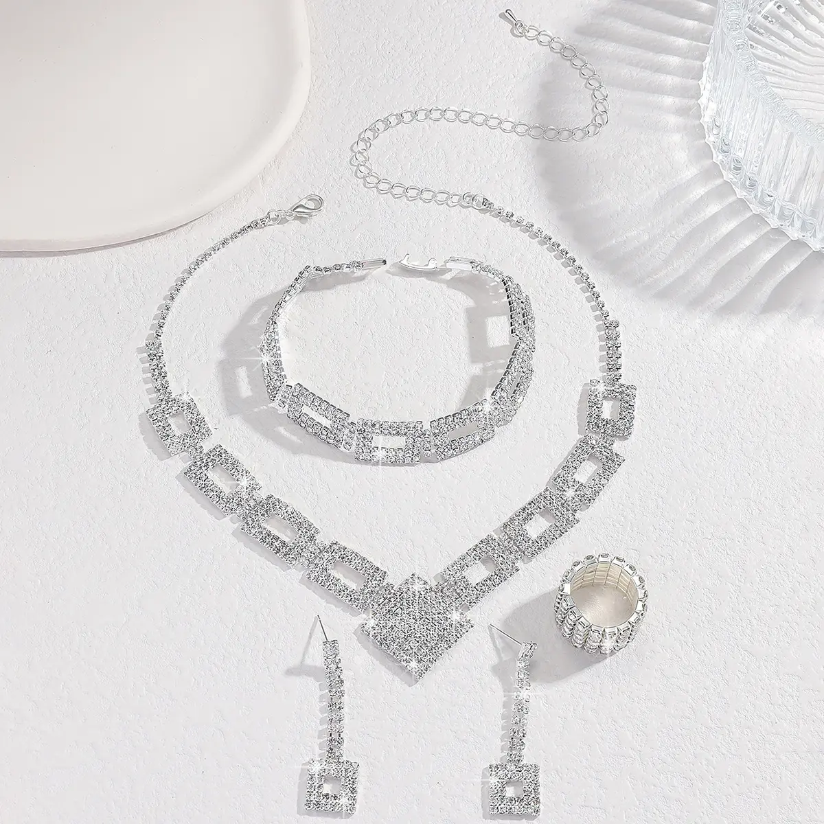 5/4PC Women's Fashion Geometric Necklace Earrings Bracelet Rings Jewelry Set Suitable for Wedding, Party, Festival Gifts