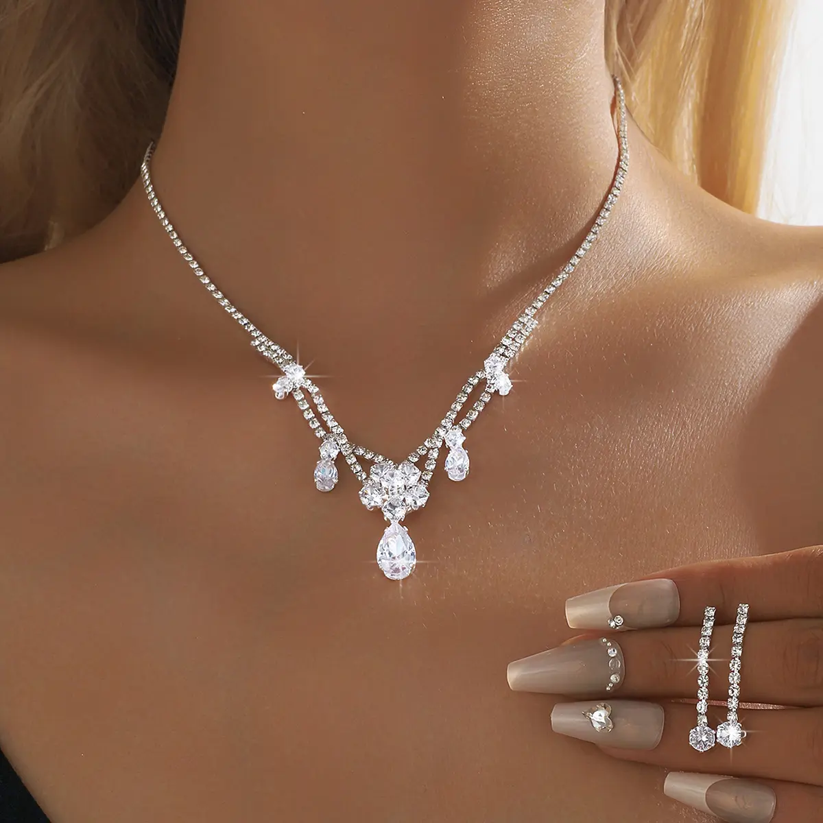 3PC Women's Fashion Waterdrop Flower Necklace Earring Set Suitable for Wedding, Party, and Festival Gifts
