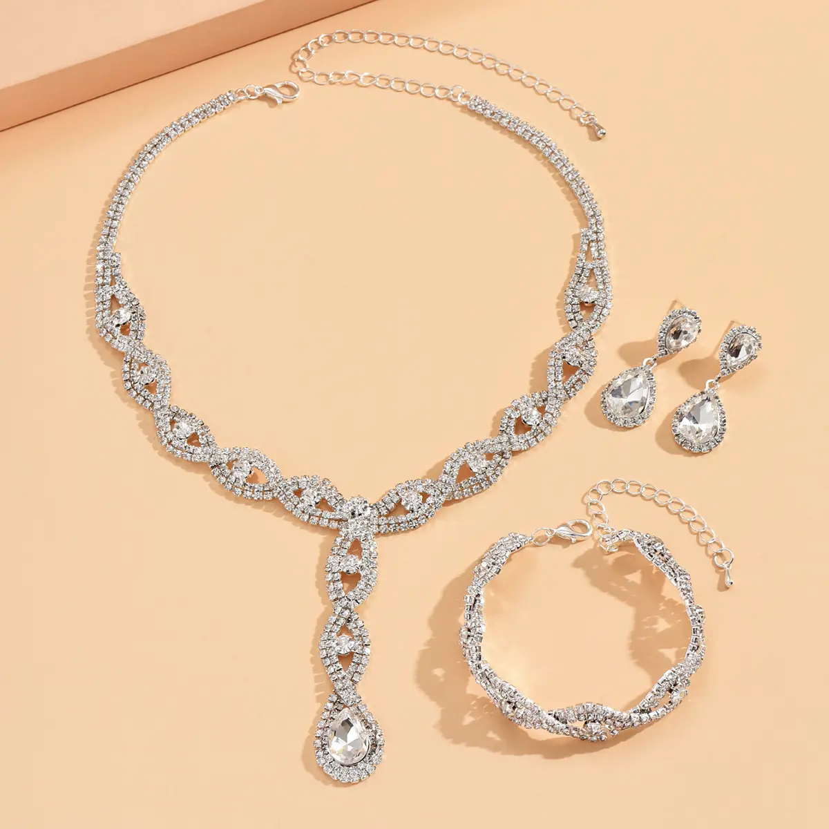 4 pieces of women's fashionable and trendy water drop earrings with necklaces, bracelets, jewelry sets, banquet accessories
