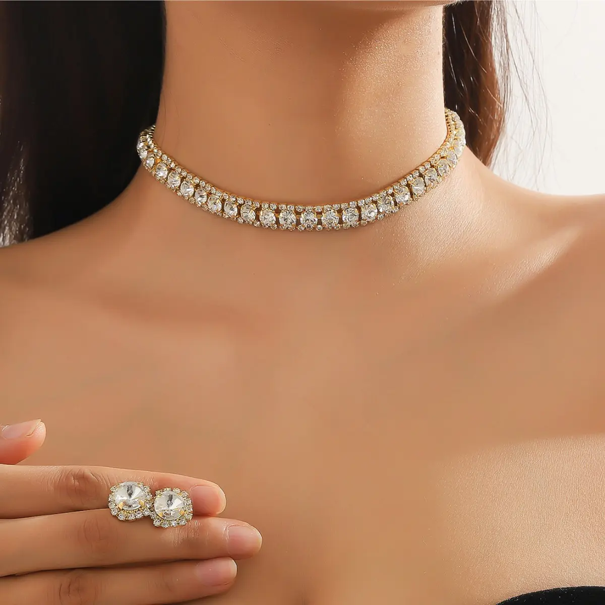 3pcs wedding jewelry, women's rhinestone earrings, necklace jewelry set, luxurious and fashionable banquet and party accessories