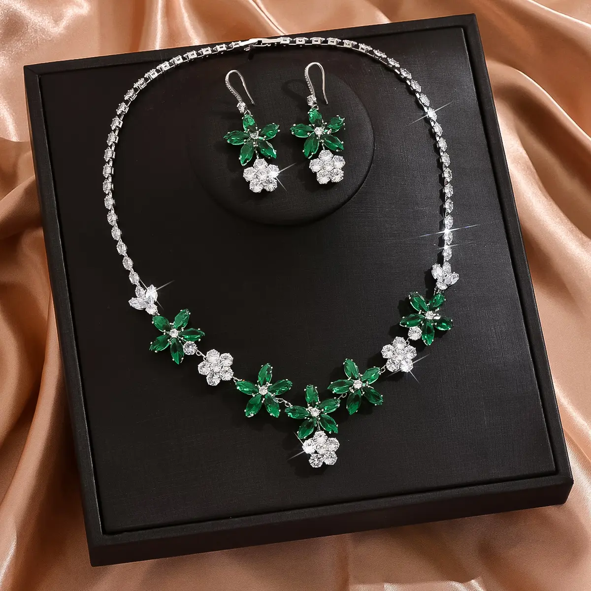 3PC Women's Fashion Zircon Series Green Flower Necklace Earrings Jewelry Set Suitable for Wedding, Party, Festival Gifts-8581
