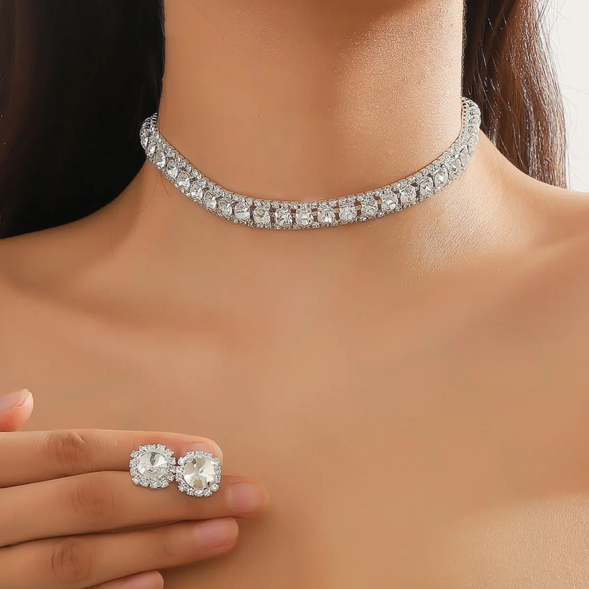 3pcs wedding jewelry, women's rhinestone earrings, necklace jewelry set, luxurious and fashionable banquet and party accessories