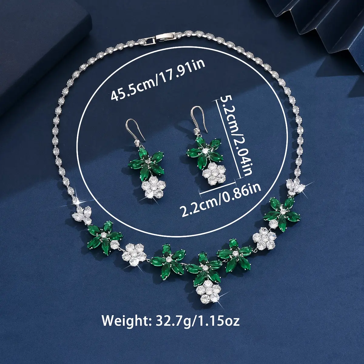 3PC Women's Fashion Zircon Series Green Flower Necklace Earrings Jewelry Set Suitable for Wedding, Party, Festival Gifts-8581