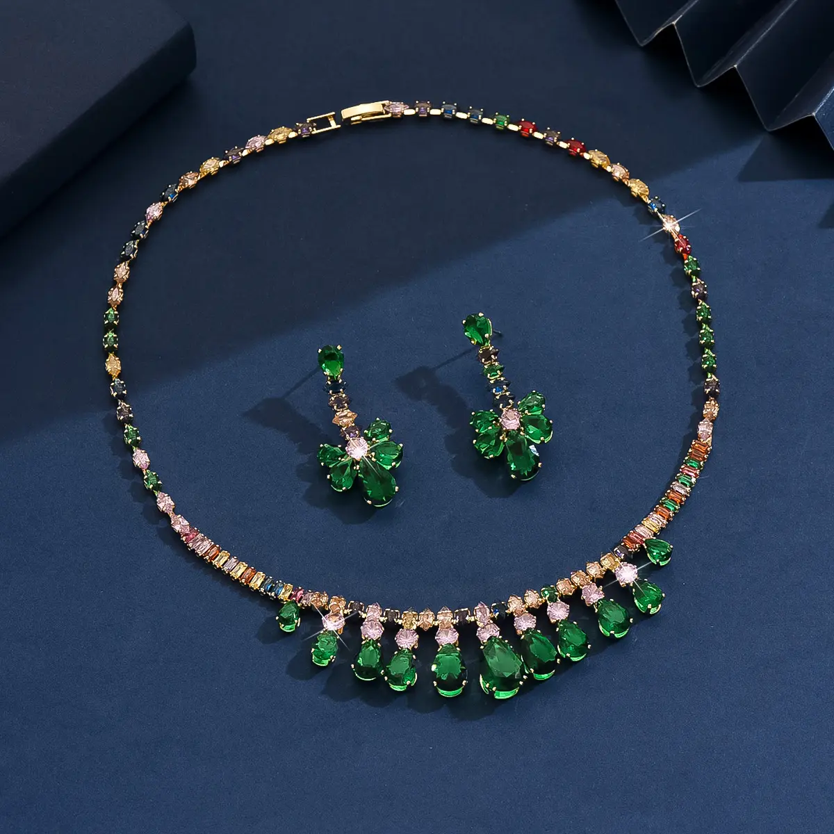 3PC Women's Fashion Zircon Green Water Drop Necklace Earrings and Jewelry Set, Suitable for Wedding, Party, and Festival Gifts