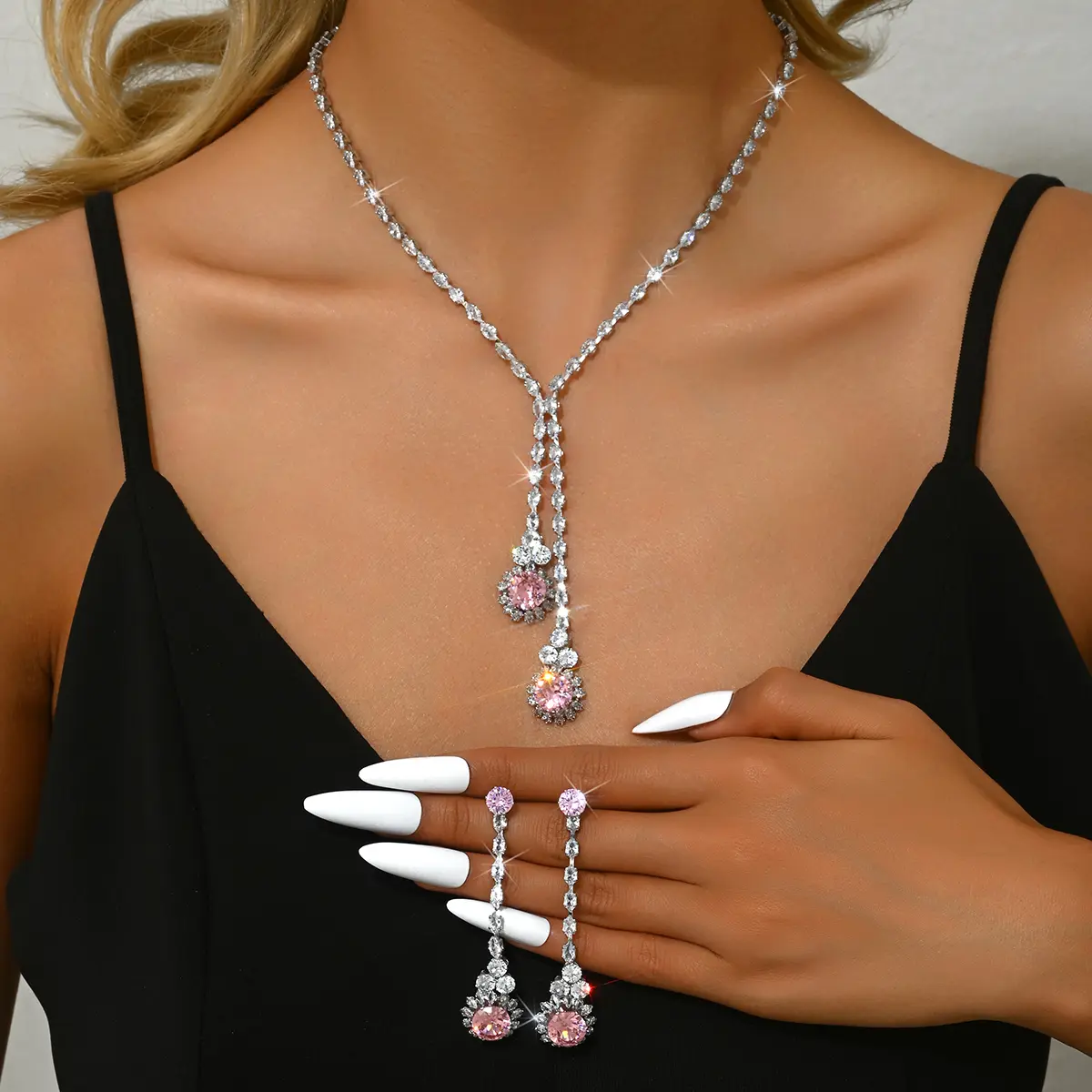 3PC Women's Fashion Zircon Series Pink Flower Necklace Earrings Jewelry Set Suitable for Wedding, Party, Festival Gifts-8582