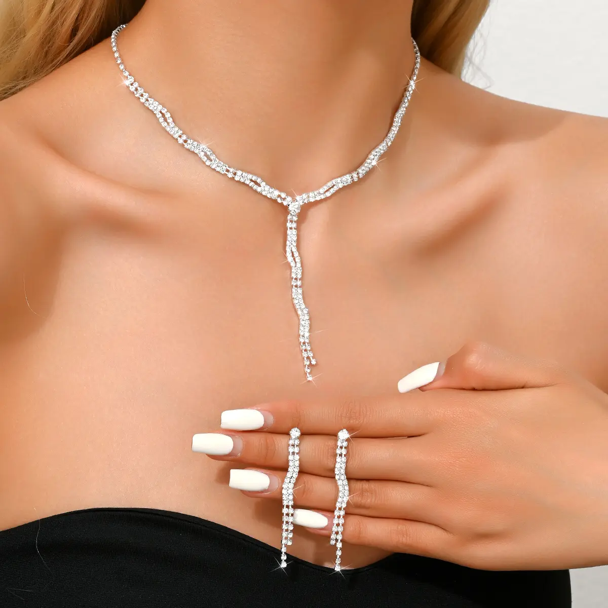3PC Women's Fashion Copper Inlaid Claw Chain Series Long Tassel Necklace Earrings Jewelry Set Wedding Banquet Party Festival Gif