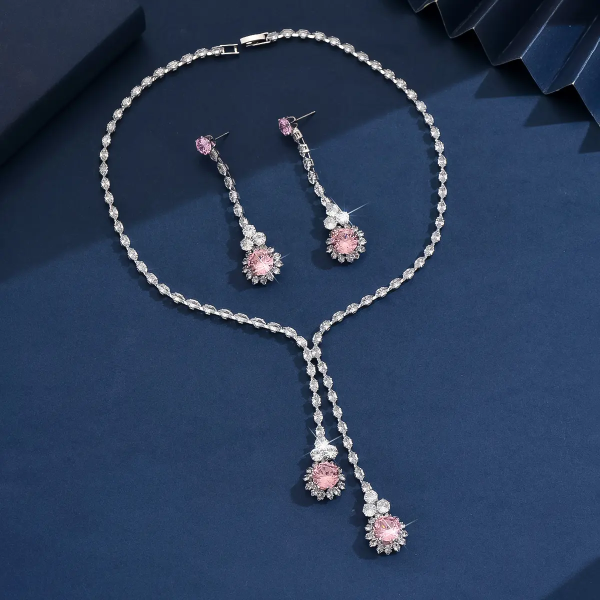 3PC Women's Fashion Zircon Series Pink Flower Necklace Earrings Jewelry Set Suitable for Wedding, Party, Festival Gifts-8582
