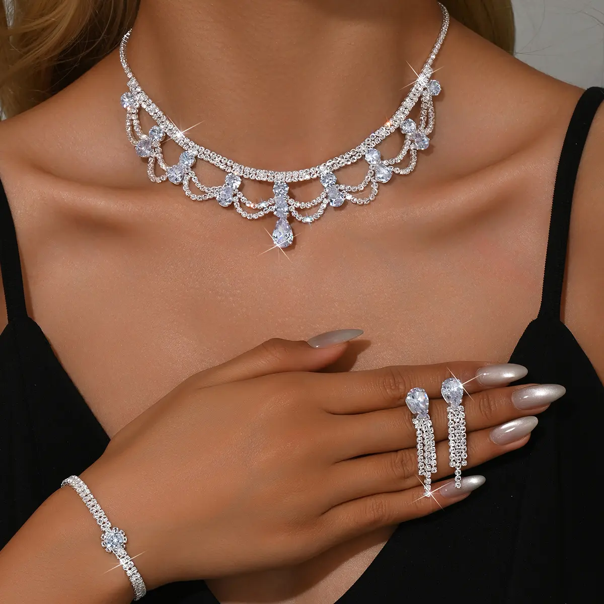 4PC Women's Fashion Water Drop Necklace Earrings Bracelet Jewelry Set Suitable for Wedding, Party, Festival Gifts