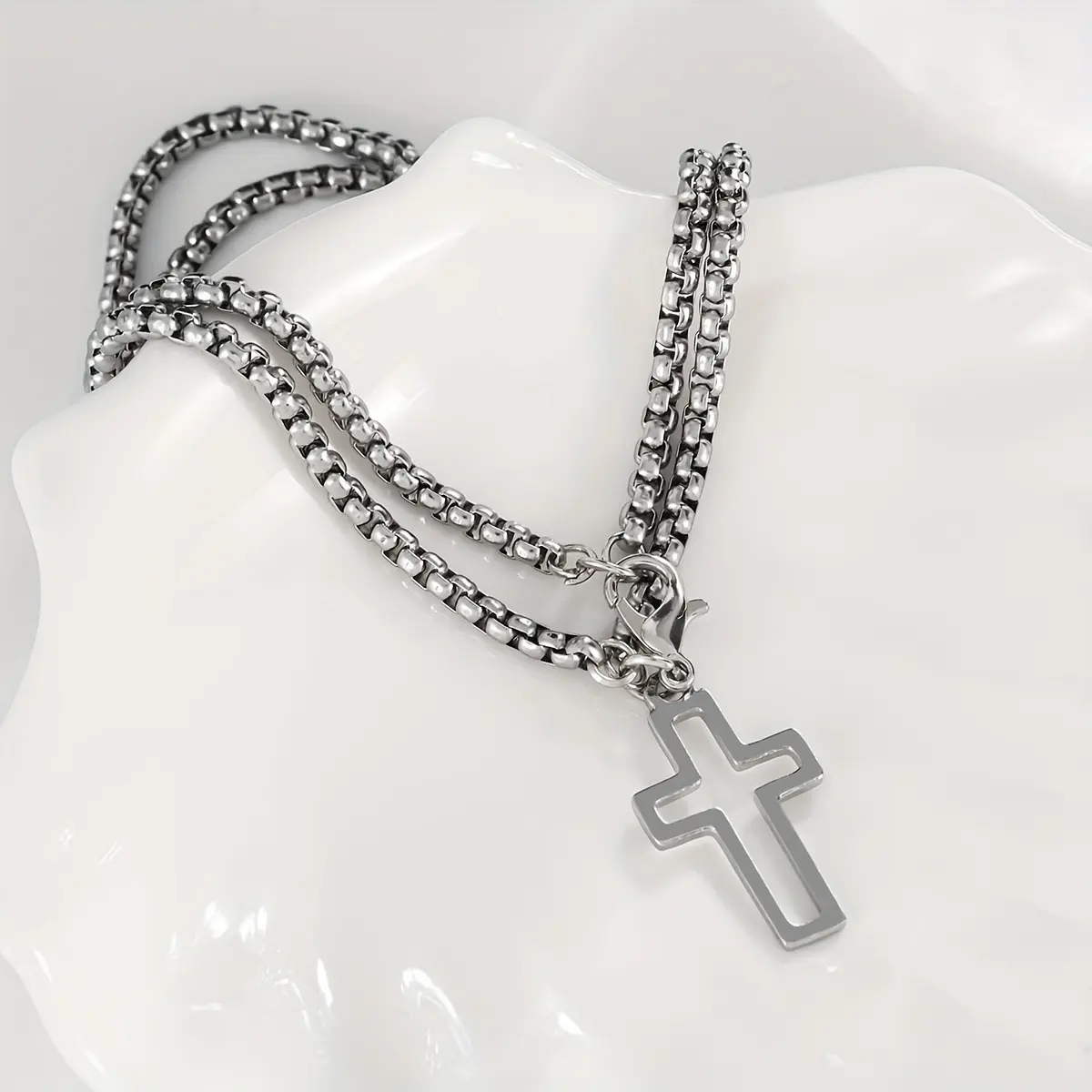 Men's Fashion Double Chain Cross Hollow Bracelet Lobster Claw Buckle Stainless Steel Bracelet Hip Hop Punk Party Jewelry