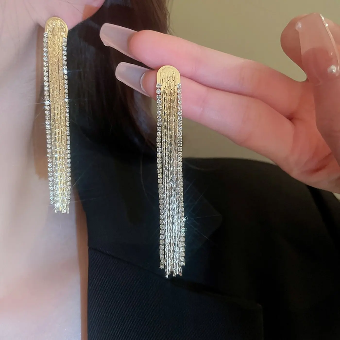 2PCS Fashion High end Copper Inlaid Zircon Long tassel Earrings for Women's Banquet and Party Dressing Accessories -5932
