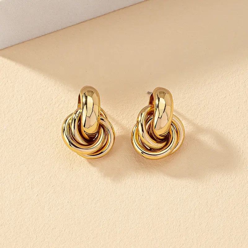 2PC Retro Metal Gold Multi layer Loop Pendant Earrings for Women's Fashion Jewelry Party Daily Wear Matching Accessories-4841
