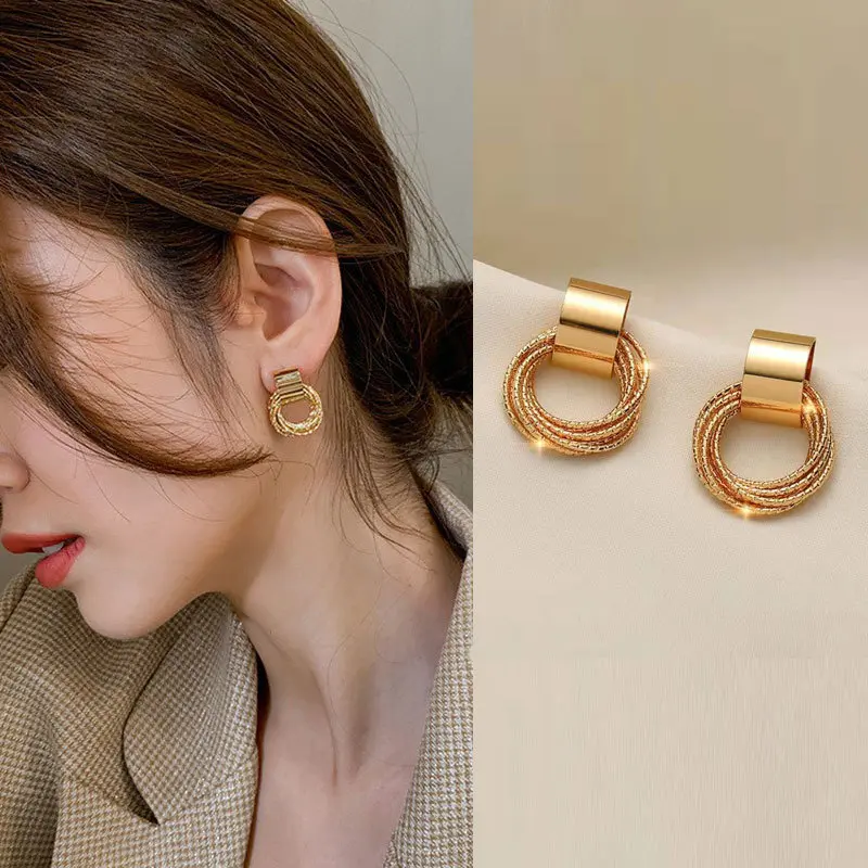 2PC Retro Metal Gold Multi layer Loop Pendant Earrings for Women's Fashion Jewelry Party Daily Wear Matching Accessories-4841