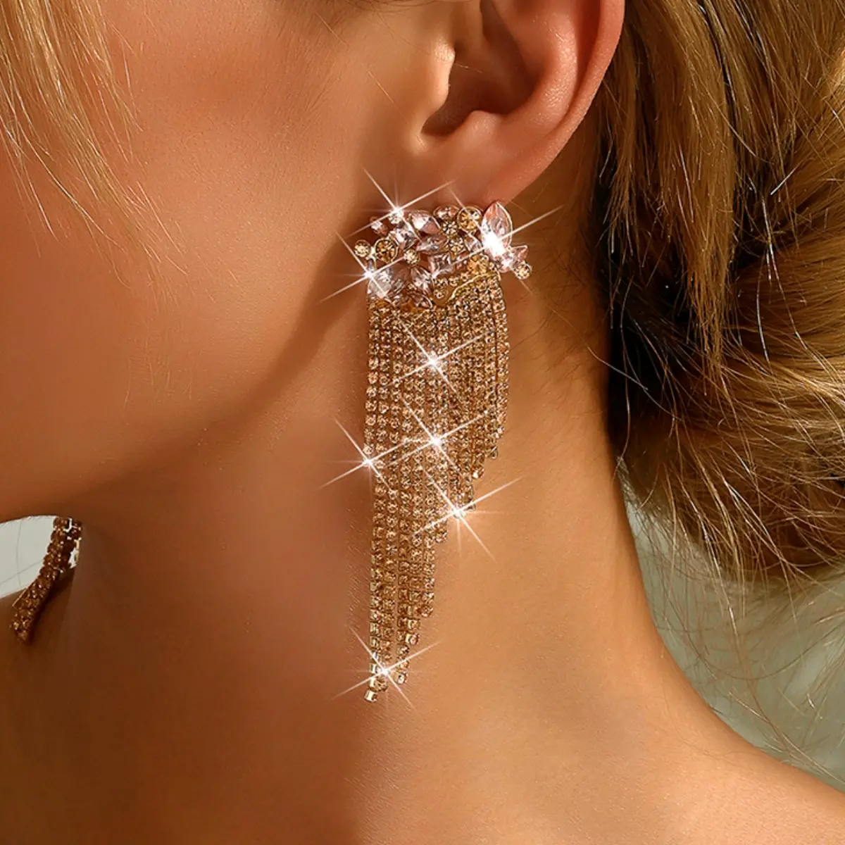 2PC Women's Fashion Copper Inlaid Diamond Claw Chain Exaggerated Tassel Earrings Jewelry Suitable for Date, Party, Festival Gift