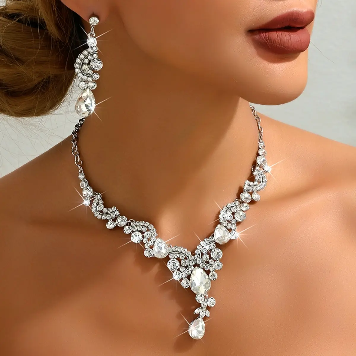 3PC Women's Fashion Geometric Water Drop Necklace Earrings Jewelry Set Suitable for Wedding, Party, Festival Gifts-8023