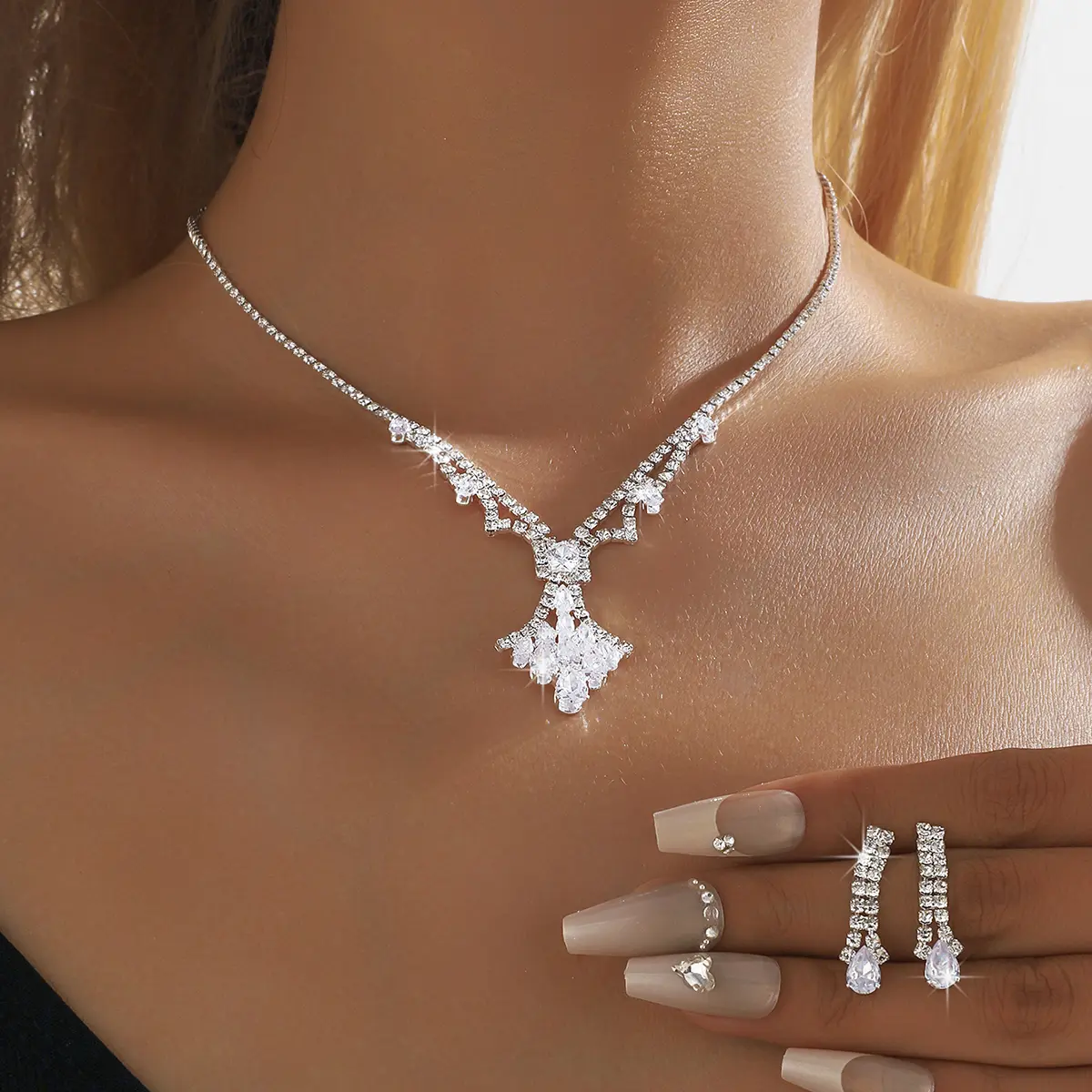 3PC Women's Fashion Design Water Drop Necklace Earrings Jewelry Set Wedding Party Festival Gift