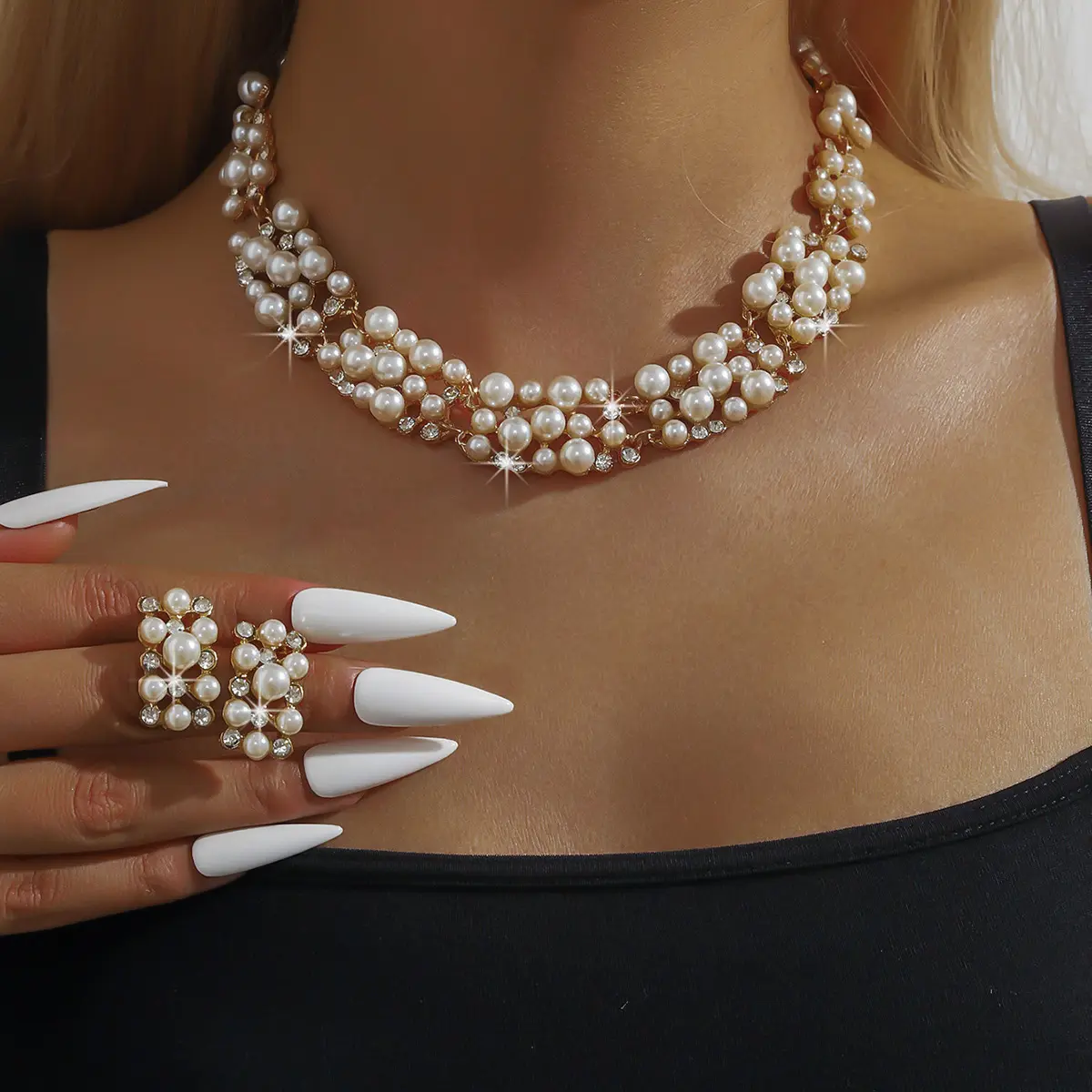 3PC Women's Fashion Multi color Imitation Pearl Necklace Earrings Jewelry Set Wedding Party Festival Gift-8352