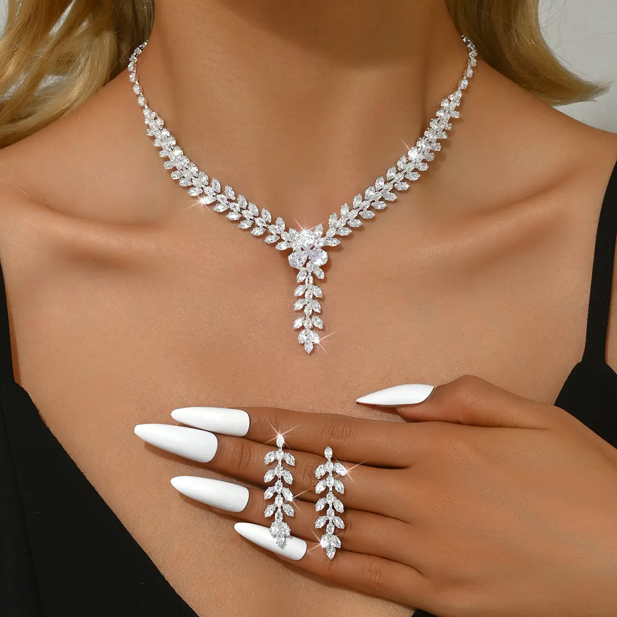3PC Women's Fashion Zircon Series Water Drop Necklace Earrings Jewelry Set Suitable for Wedding, Party, Festival Gifts-8567