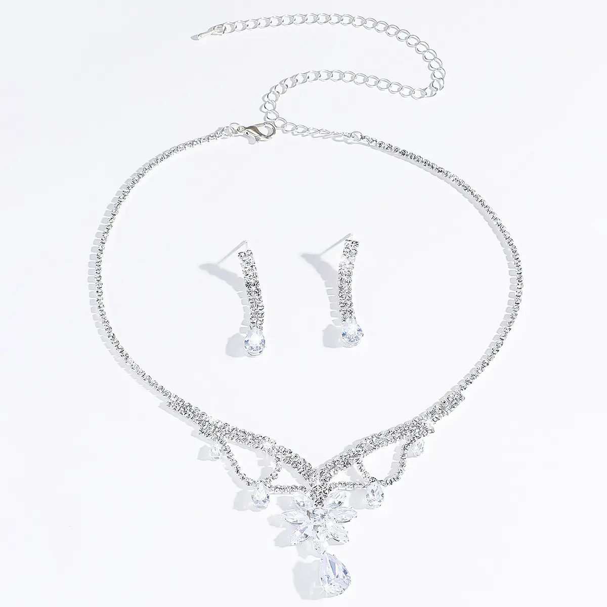 3PC Women's Fashion Water Diamond Flower Drop Necklace Earring Set, Suitable for Wedding and Festival Gifts -8458