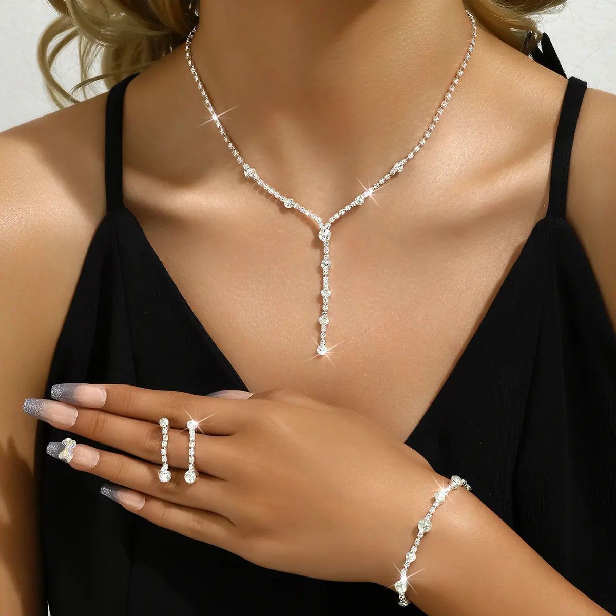4PC Women's Fashion Trend Minimalist Water Diamond Earrings Necklace Bracelet Jewelry Set Wedding Banquet Party Festival Gift