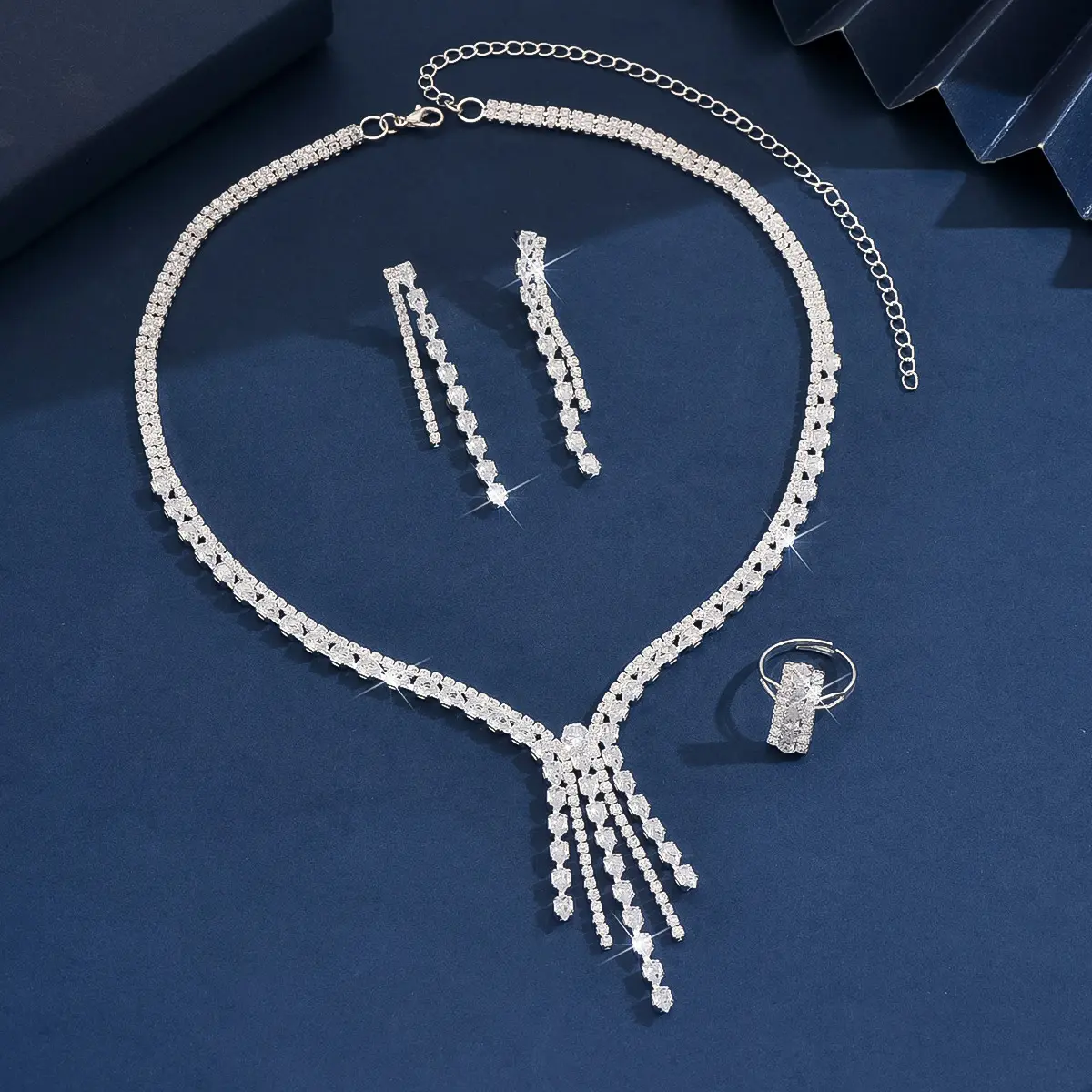 4PC Women's Fashion Zircon Series Silver Tassel Necklace Earrings Rings Jewelry Set Wedding Party Festival Gift-8572