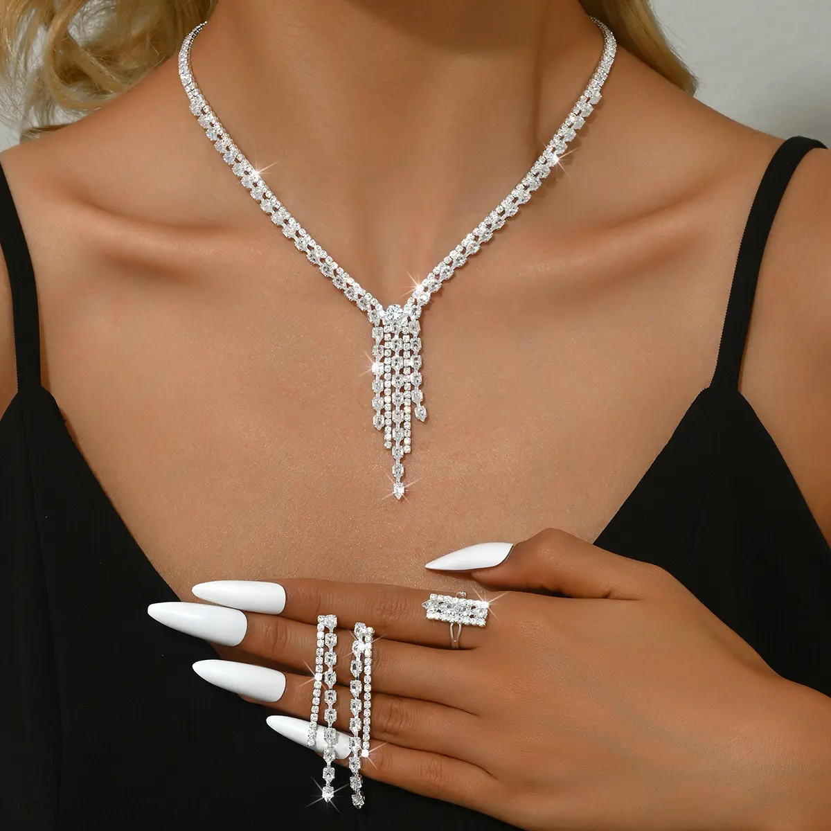 4PC Women's Fashion Zircon Series Silver Tassel Necklace Earrings Rings Jewelry Set Wedding Party Festival Gift-8572