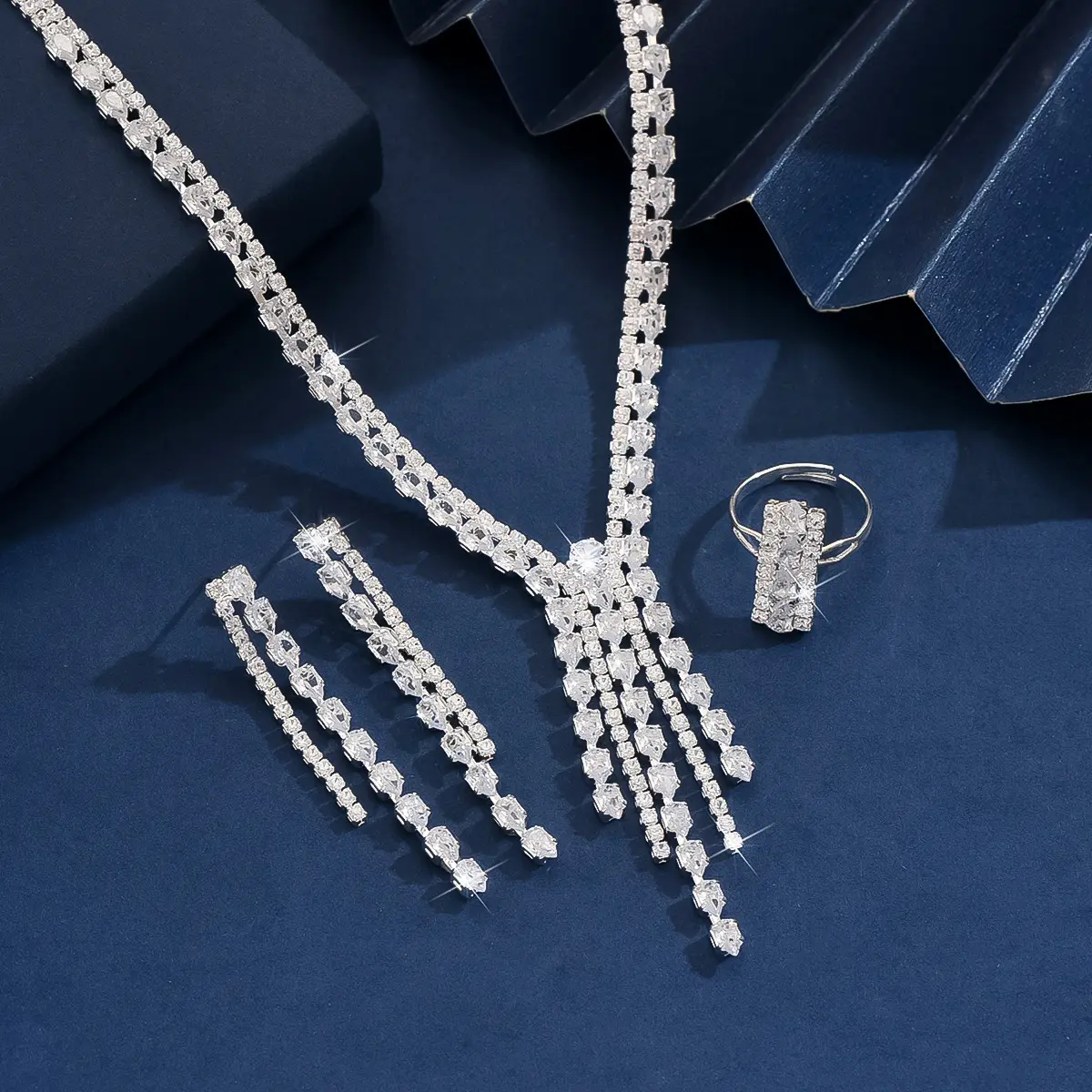 4PC Women's Fashion Zircon Series Silver Tassel Necklace Earrings Rings Jewelry Set Wedding Party Festival Gift-8572