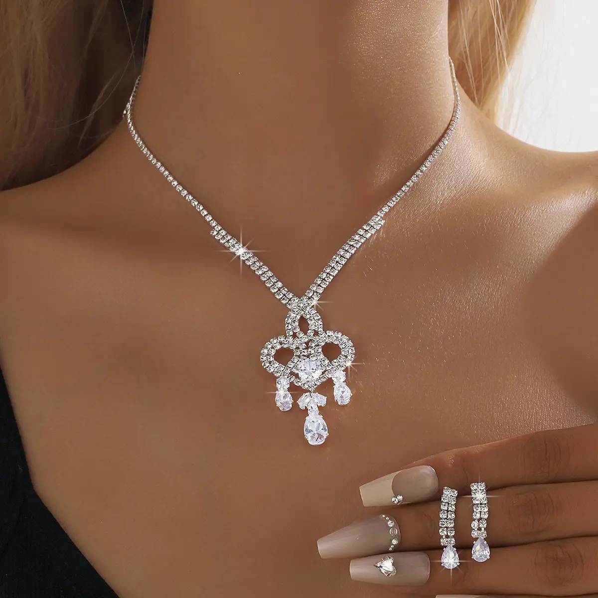 3PC Women's Fashion Copper Inlaid Diamond Claw Chain Water Drop Necklace Earring Set, Suitable for Wedding, Party, Festival Gift
