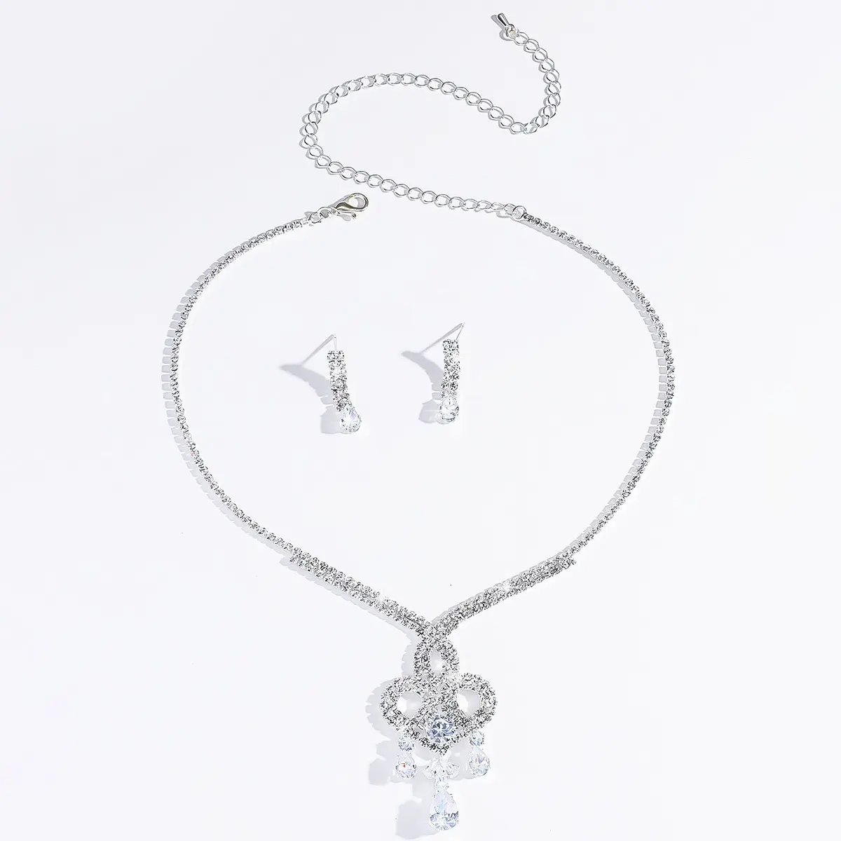 3PC Women's Fashion Copper Inlaid Diamond Claw Chain Water Drop Necklace Earring Set, Suitable for Wedding, Party, Festival Gift